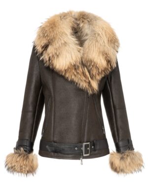 Kożuch damski w ciemnym odcieniu z futrzanym kołnierzem i mankietami, zapinany na zamek z paskiem w talii