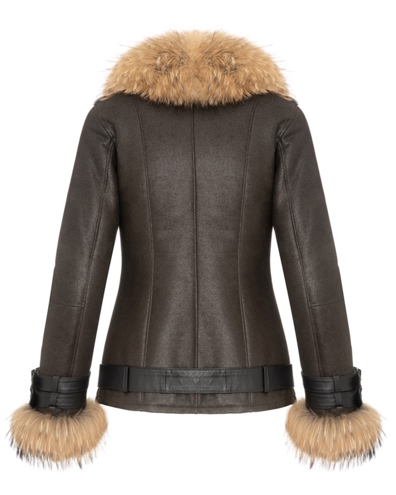 Kożuch damski w kolorze ciemnoszarym z futrzanym kołnierzem i ozdobnymi mankietami