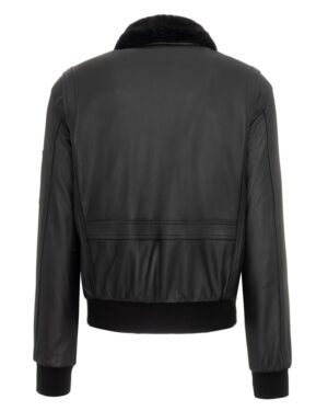 Pilotka skórzana w kolorze czarnym z futrzanym kołnierzem i elastycznym dołem oraz rękawami