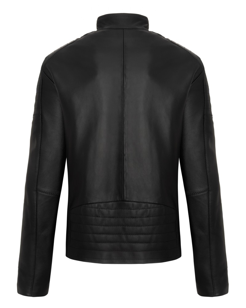 Kurtka skórzana męska w kolorze czarnym, z prostym krojem i delikatnym pikowaniem na plecach