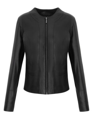 Kurtka skórzana damska w kolorze czarnym, dopasowany krój, z zamkiem błyskawicznym i kieszeniami bocznymi