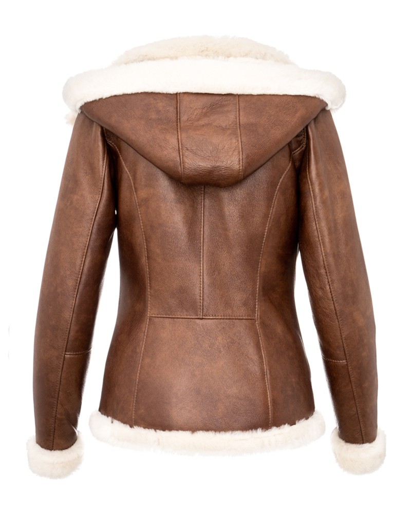 Kożuch damski w kolorze brązowym z kapturem i futrzanym wykończeniem przy rękawach i dolnej krawędzi