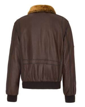 Pilotka skórzana w brązowym kolorze z futrzanym kołnierzem i elastycznym dołem oraz mankietami