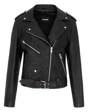 Damska ramoneska skórzana w kolorze czarnym z asymetrycznym zapięciem i metalowymi zamkami oraz paskiem w talii