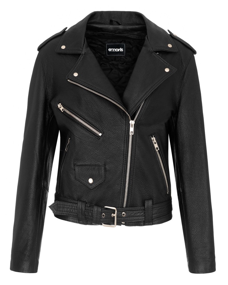 Damska ramoneska skórzana w kolorze czarnym z asymetrycznym zapięciem i metalowymi zamkami oraz paskiem w talii