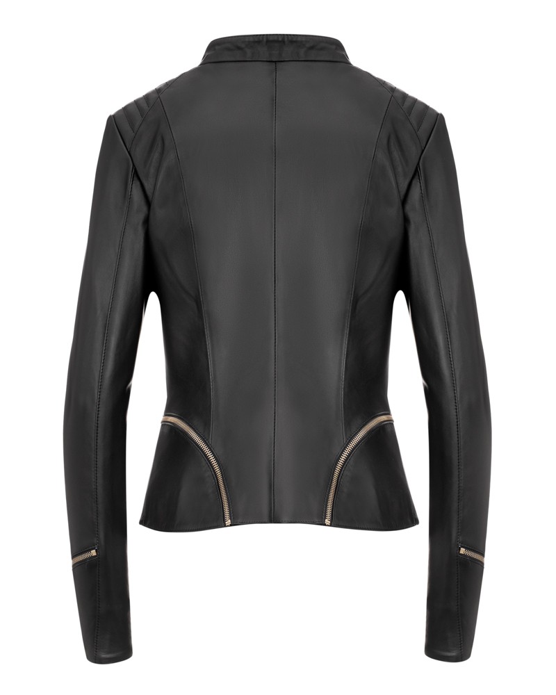 Damska ramoneska skórzana w kolorze czarnym, dopasowany krój, z ozdobnymi zamkami i kołnierzem