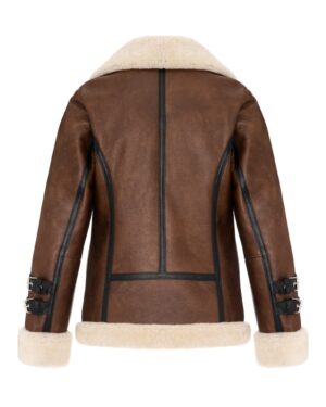 kożuch damski w brązowym kolorze z futrzanym kołnierzem i skórzanymi detalami na rękawach