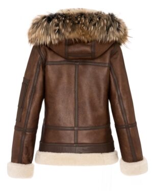 Kożuch damski w kolorze brązowym z futrzanym kapturem i białym wykończeniem rękawów