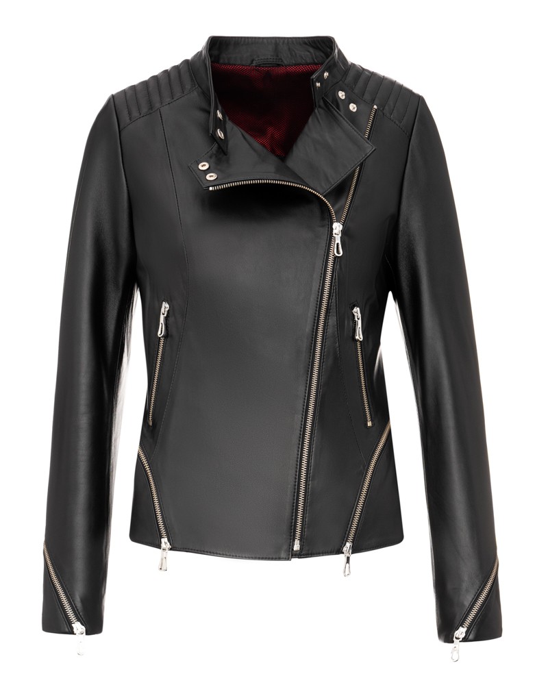 Damska ramoneska skórzana w czarnym kolorze z asymetrycznym zapięciem i metalowymi zamkami na rękawach