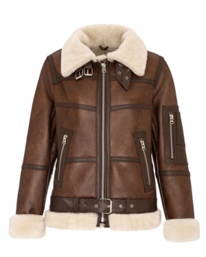 Kożuch damski w brązowym kolorze z futrzanym kołnierzem i paskiem w talii