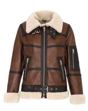 Kożuch damski w brązowym kolorze z futrzanym kołnierzem i paskiem w talii