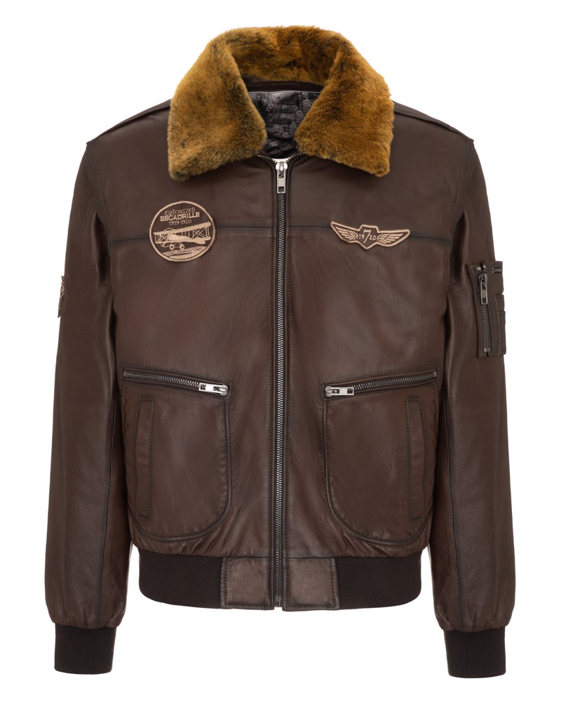 Pilotka skórzana w brązowym kolorze z futrzanym kołnierzem i kieszeniami zapinanymi na zamek