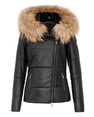 Czarna kurtka skórzana damska z kapturem i futrzanym wykończeniem, dopasowany krój z zamkami bocznymi