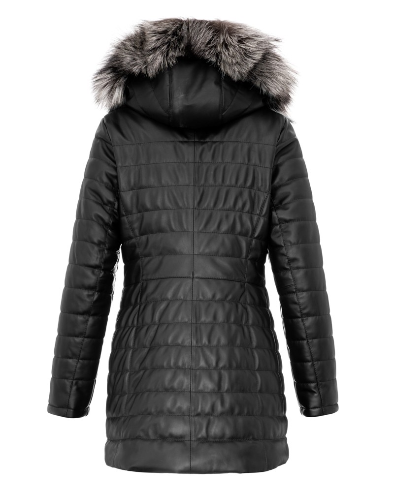 Płaszcz skórzany damski z kapturem i futrzanym wykończeniem, pikowana, idealna na zimowe dni