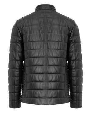 Kurtka skórzana męska w kolorze czarnym, pikowana, z prostym kołnierzem i długimi rękawami