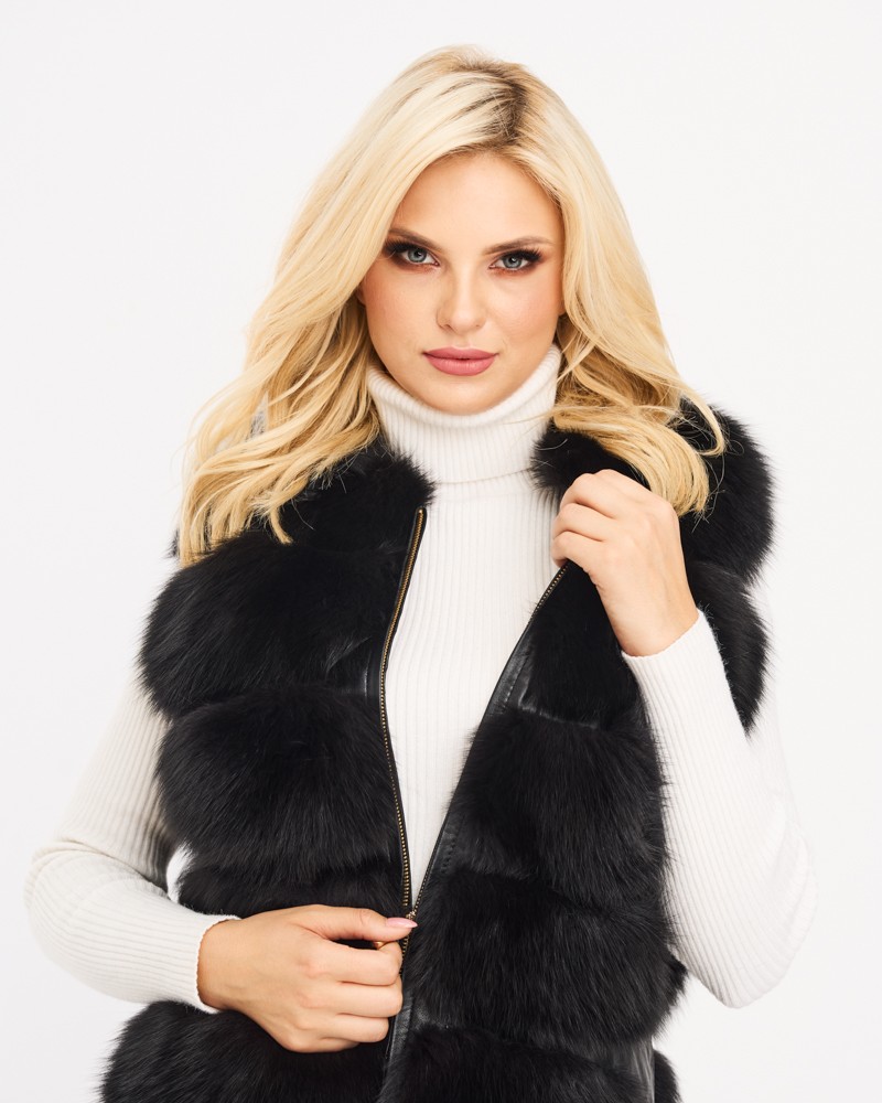 Kamizelka skórzana z czarnego futra, z zamkiem błyskawicznym i kołnierzem, idealna na zimowe dni