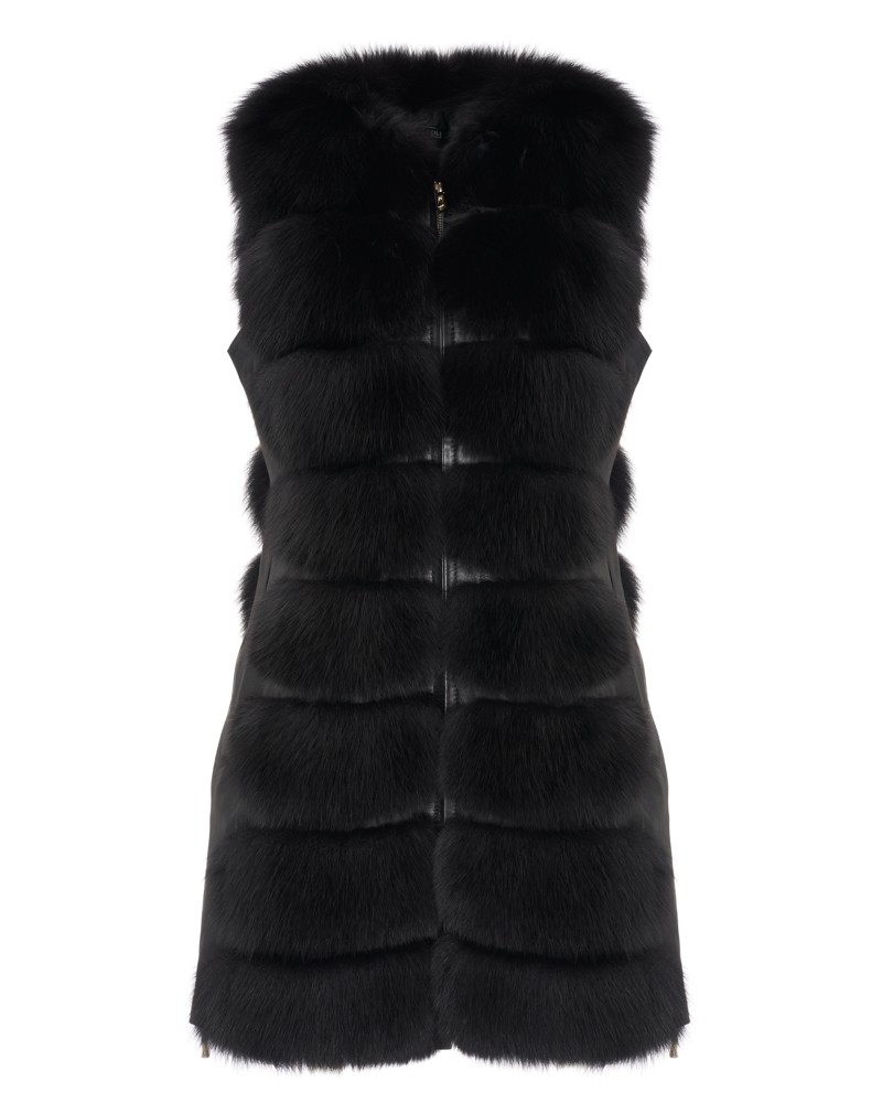 Kamizelka futrzana w kolorze czarnym z futrzanym kołnierzem i zapięciem na zamek błyskawiczny