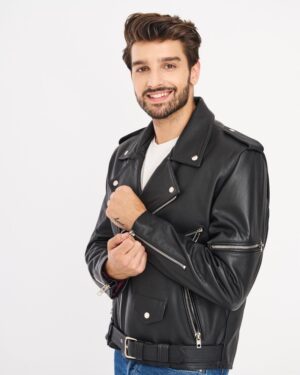 Ramoneska męska w kolorze czarnym, z zamkami błyskawicznymi i szerokim kołnierzem