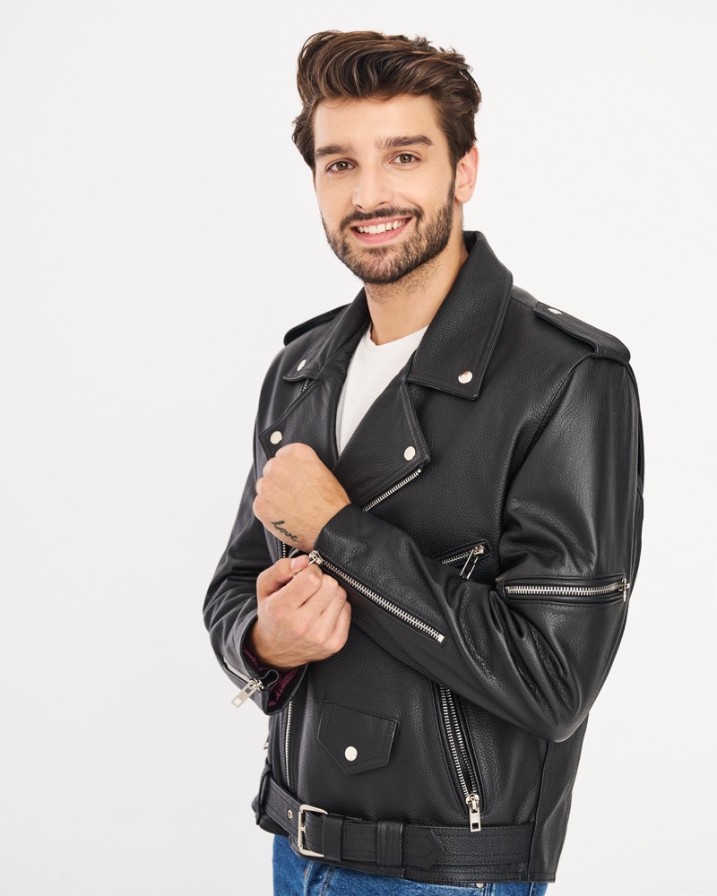 Ramoneska męska w kolorze czarnym, z zamkami błyskawicznymi i szerokim kołnierzem