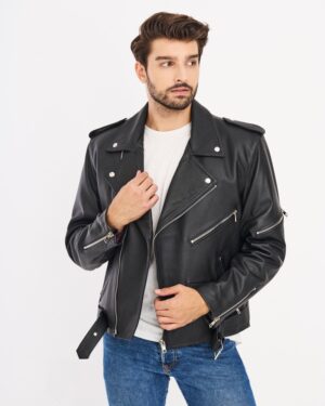 Ramoneska męska w kolorze czarnym z asymetrycznym zapięciem i kieszeniami na zamek