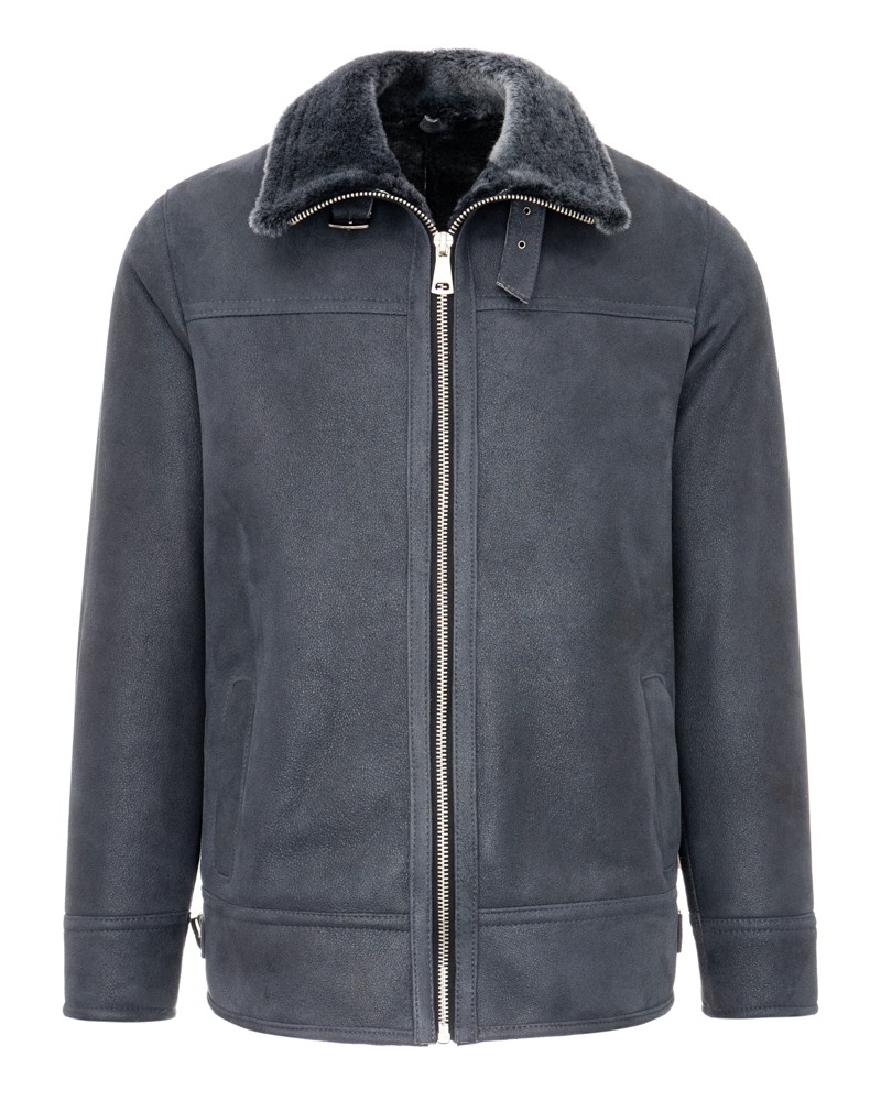 Kożuch męski w ciemnoszarym kolorze z futrzanym kołnierzem i zapięciem na zamek