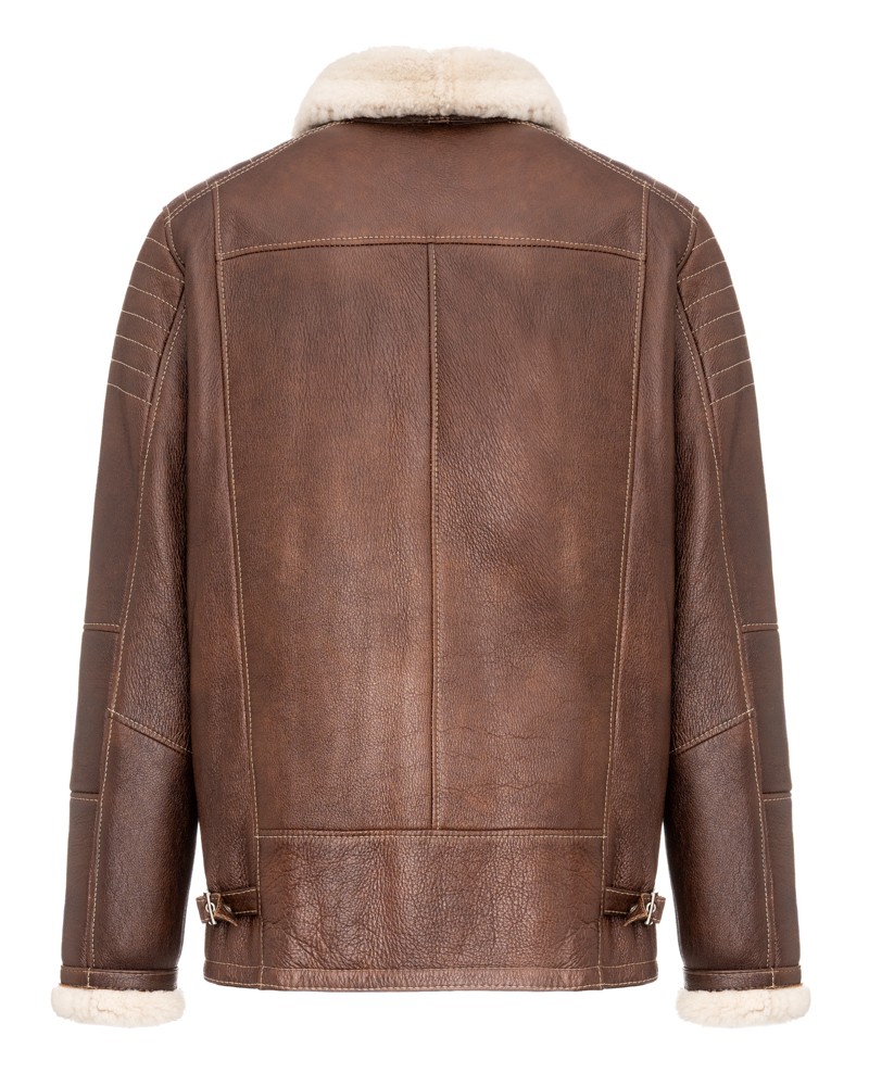 Kożuch męski w brązowym kolorze z futrzanym kołnierzem i wykończeniem przy rękawach