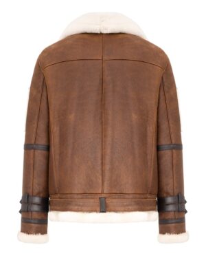 Kożuch męski w brązowym kolorze z białym futrem, z paskami na rękawach i kołnierzem