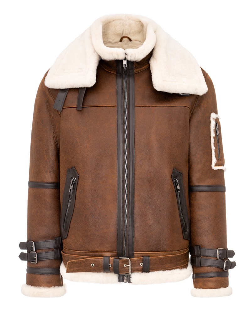 Kożuch męski w kolorze brązowym z białym futrzanym kołnierzem i paskiem w talii