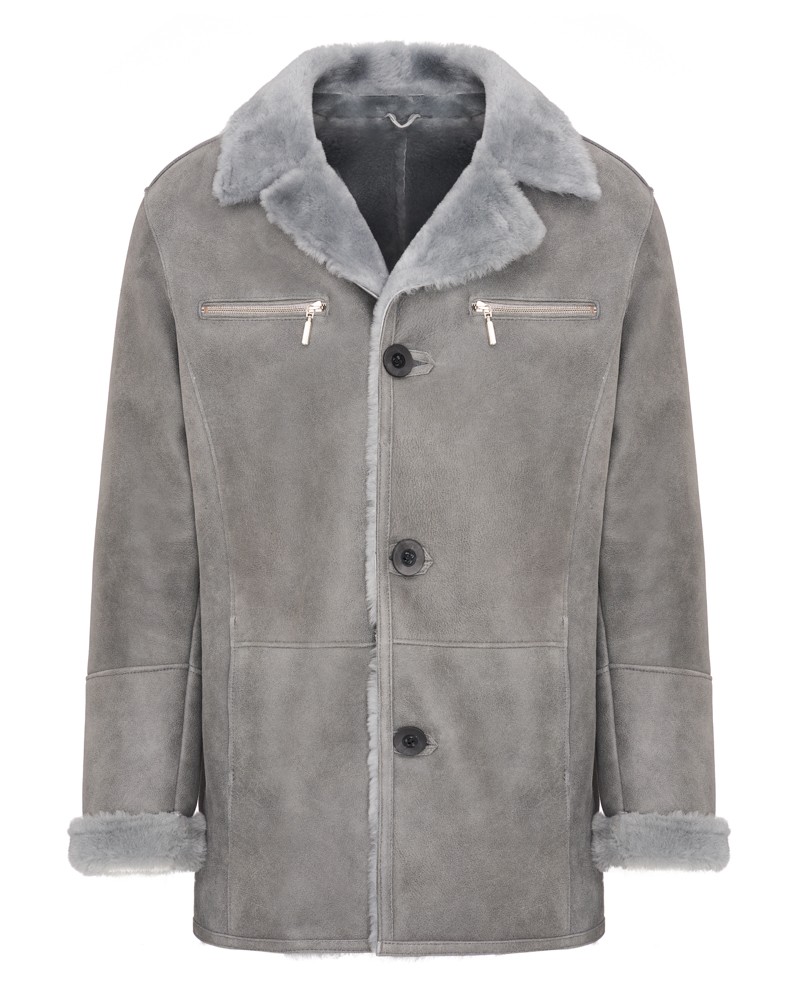 Kożuch męski w szarym kolorze z kołnierzem z futra i zamkami błyskawicznymi na kieszeniach