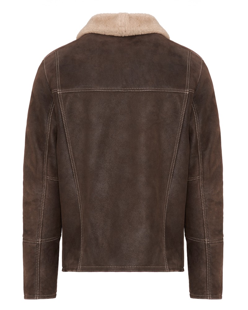 Kożuch męski w brązowym kolorze z miękkim kołnierzem z futra i subtelnymi przeszyciami