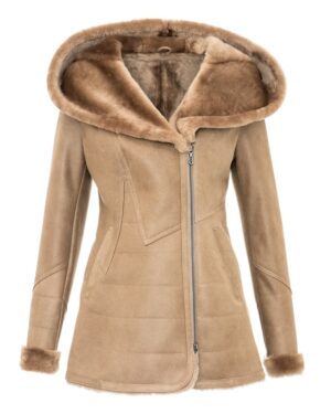 Kożuch damski w kolorze beżowym z futrzanym kapturem i delikatnym taliowaniem