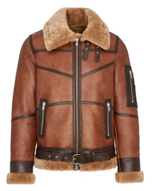 Kożuch męski w kolorze brązowym z futrzanym kołnierzem i paskiem w talii, z kieszeniami na suwak