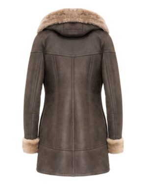 Kożuch damski w kolorze brązowym z futrzanym kołnierzem i mankietami, z kapturem i dopasowanym krojem