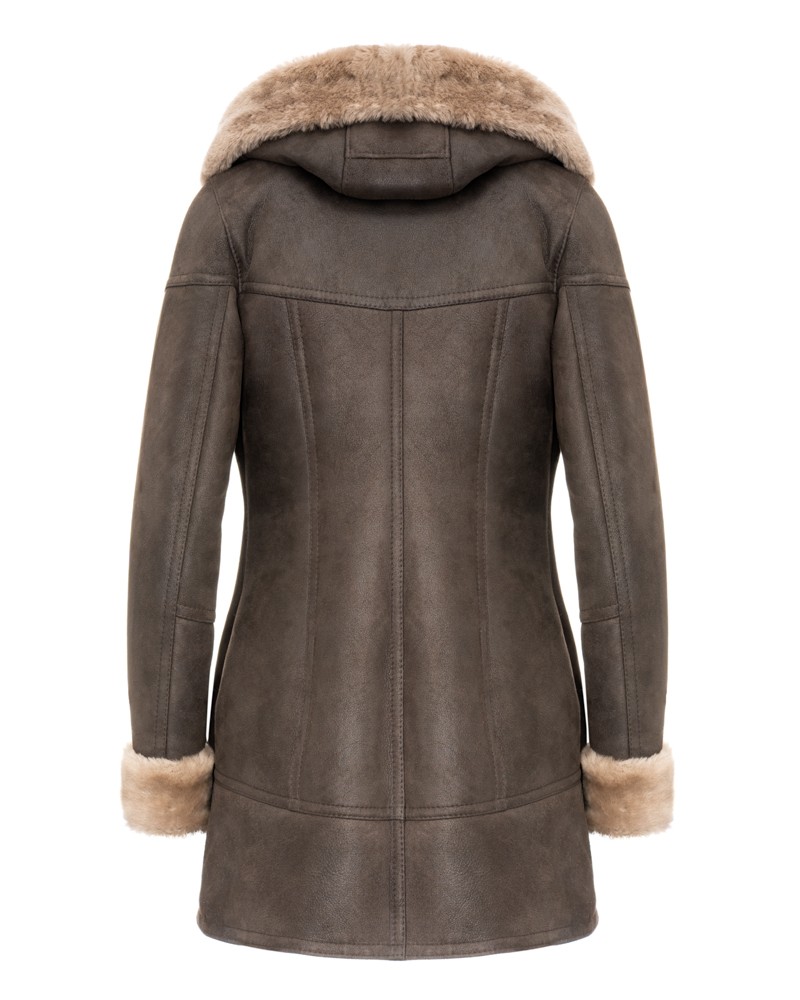 Kożuch damski w kolorze brązowym z futrzanym kołnierzem i mankietami, z kapturem i dopasowanym krojem