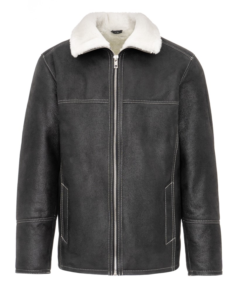 Siwy kożuch męski z miękkim futrzanym kołnierzem i zamkiem błyskawicznym z przodu