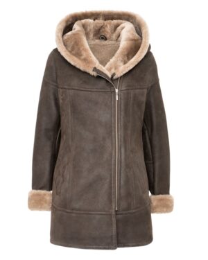 Kożuch damski w ciemnym brązie z kapturem i futrzanym wykończeniem przy rękawach i kołnierzu