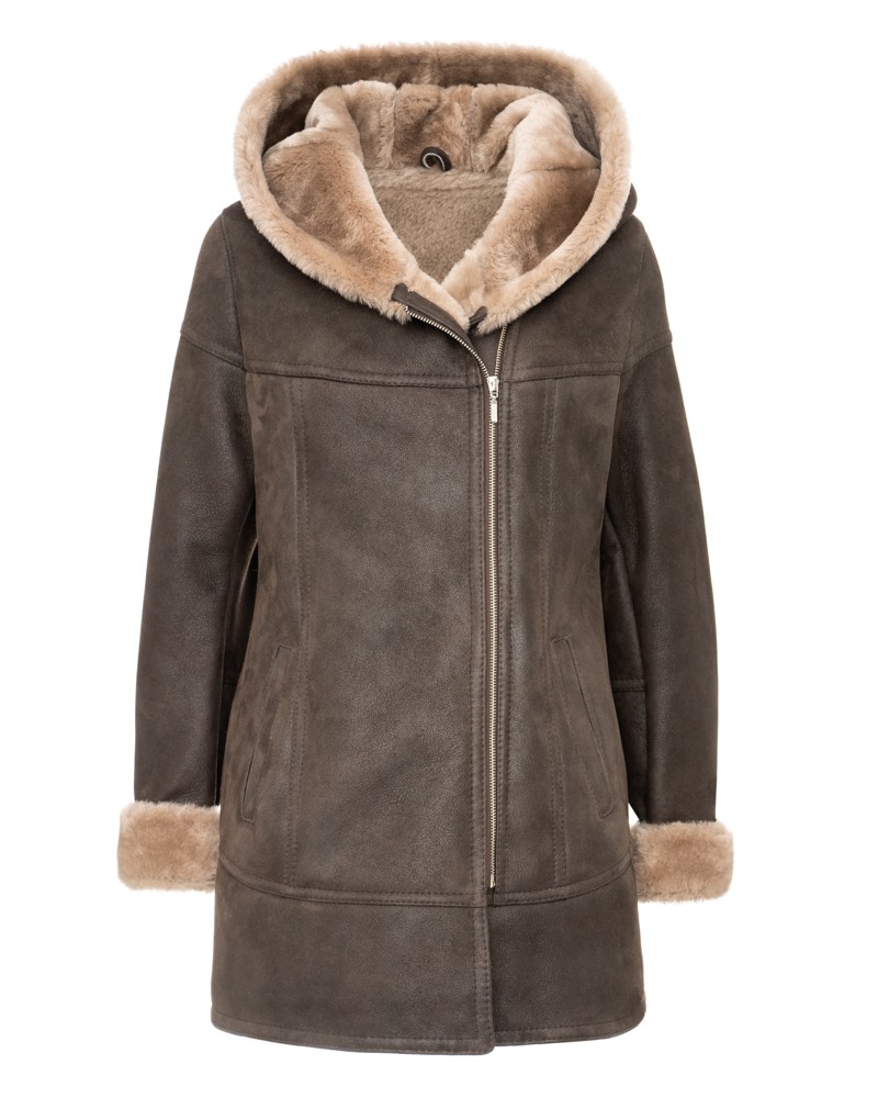 Kożuch damski w ciemnym brązie z kapturem i futrzanym wykończeniem przy rękawach i kołnierzu