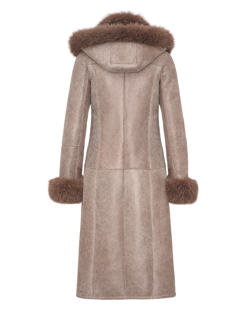 Kożuch damski w jasnym odcieniu beżu z futrzanym kapturem i mankietami, długi krój idealny na zimę