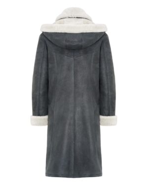 Ciepły kożuch damski w szarym kolorze z kapturem i białym futrzanym wykończeniem przy rękawach