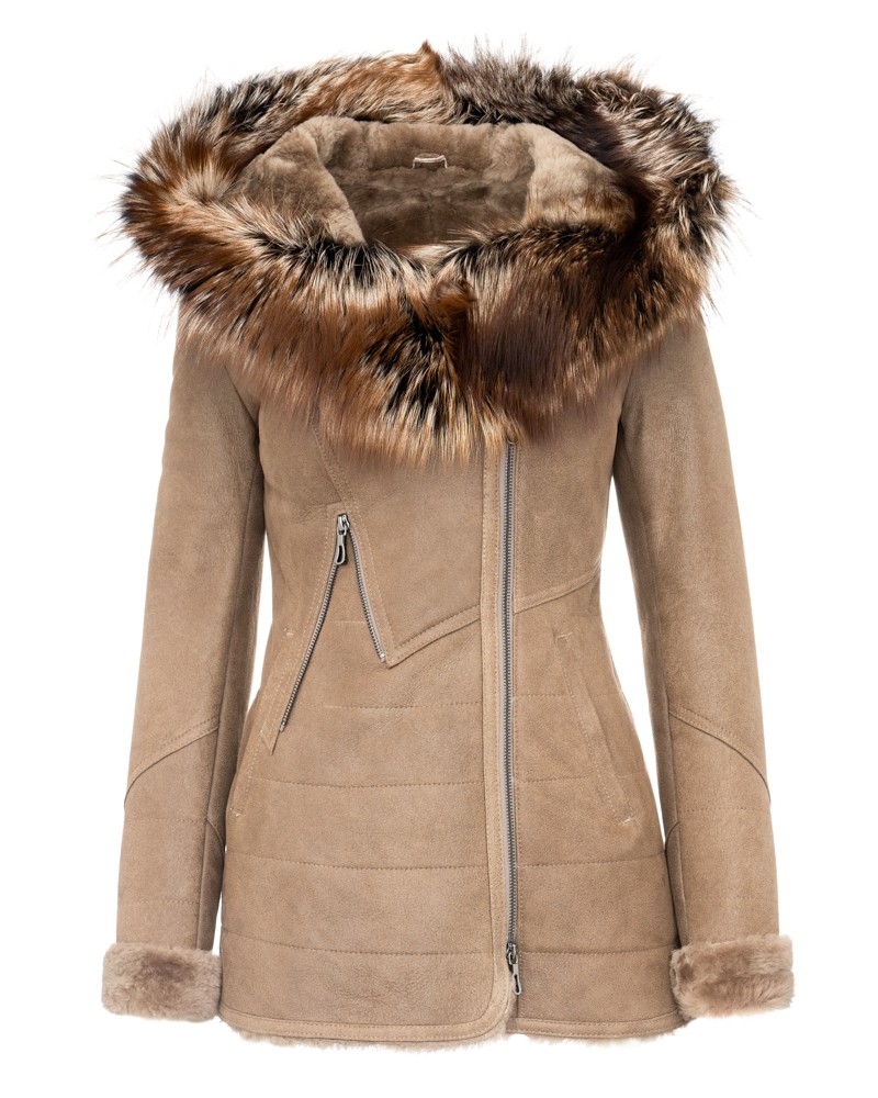 Kożuch damski w kolorze beżowym z futrzanym kapturem i subtelnymi detalami na rękawach