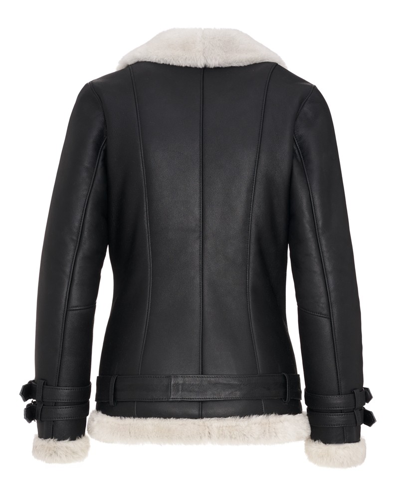 Kożuch damski z futrzanym kołnierzem i regulowanym paskiem w dolnej części