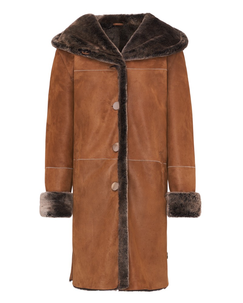 Kożuch damski w kolorze brązowym z szerokim kołnierzem i guzikami, idealny na zimowe dni