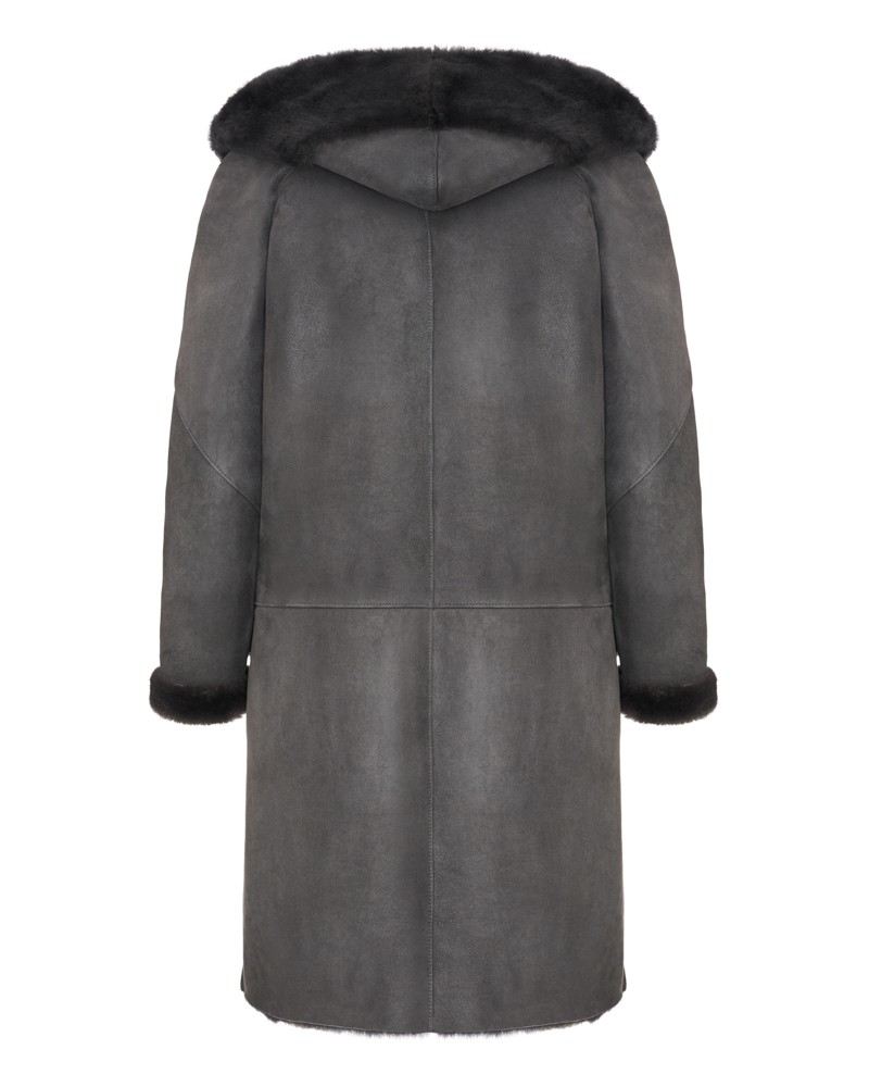 Kożuch damski w ciemnoszarym kolorze z kapturkiem i futrzanym wykończeniem na rękawach