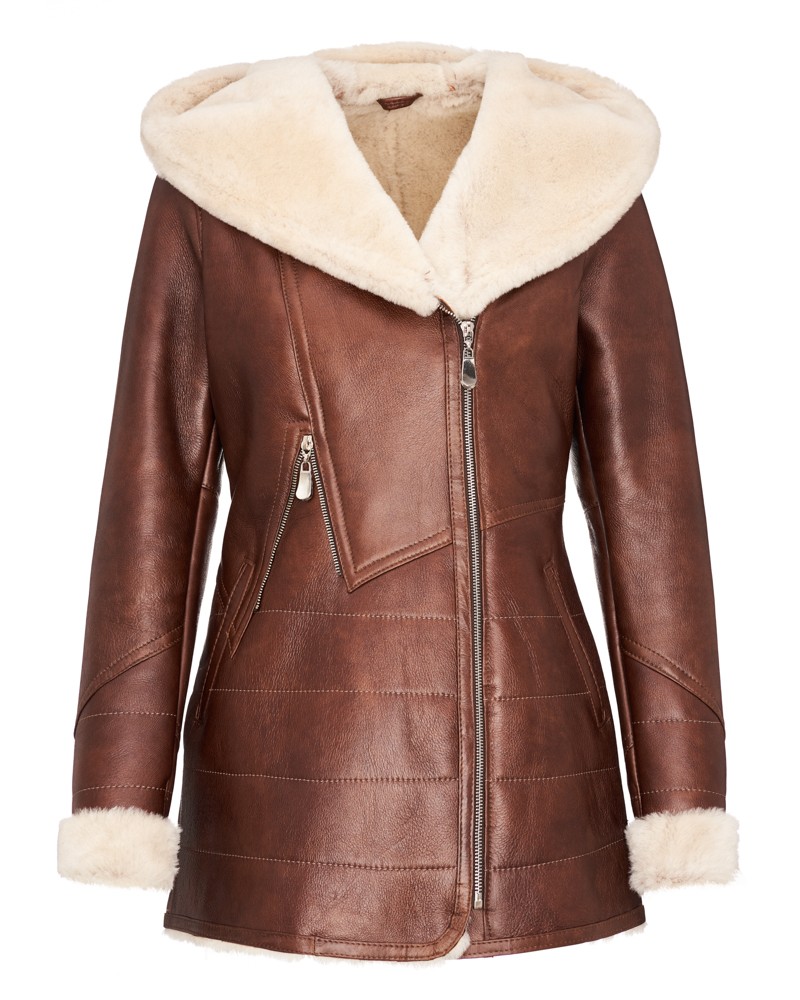 Kożuch damski w kolorze brązowym z futrzanym kapturem i bocznymi zamkami błyskawicznymi