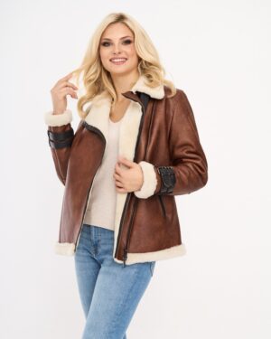 Kożuch damski w brązowym kolorze z futrzanym kołnierzem i zamkiem błyskawicznym