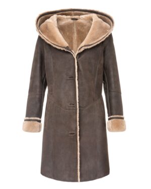 Kożuch damski w kolorze ciemnoszarym z kapturem i futrzanym wykończeniem przy rękawach i kołnierzu