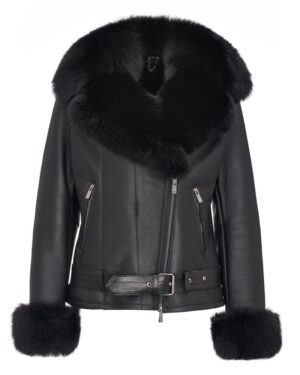 Kożuch damski z szerokim futrzanym kołnierzem i mankietami, zapinana na zamek z paskiem w talii