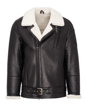 Kożuch męski z futrzanym kołnierzem i paskiem w talii, idealny na zimowe dni