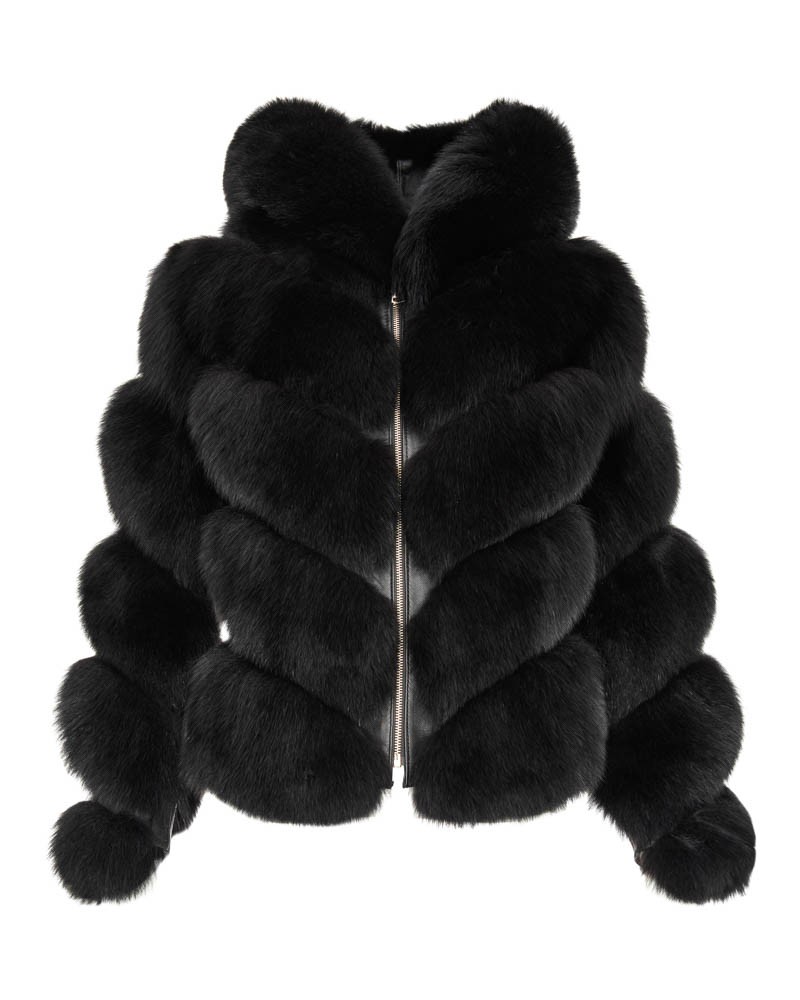 Futro naturalne w kolorze czarnym, z eleganckim kołnierzem i zamkiem błyskawicznym z przodu