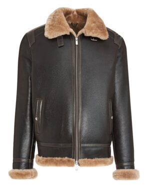 Kożuch męski z futrzanym kołnierzem i mankietami, zapinana na zamek, z dwiema kieszeniami